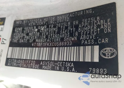 2012 Toyota Camry Se из США, поврежденный, VIN 4T1BF1FKXCU586933